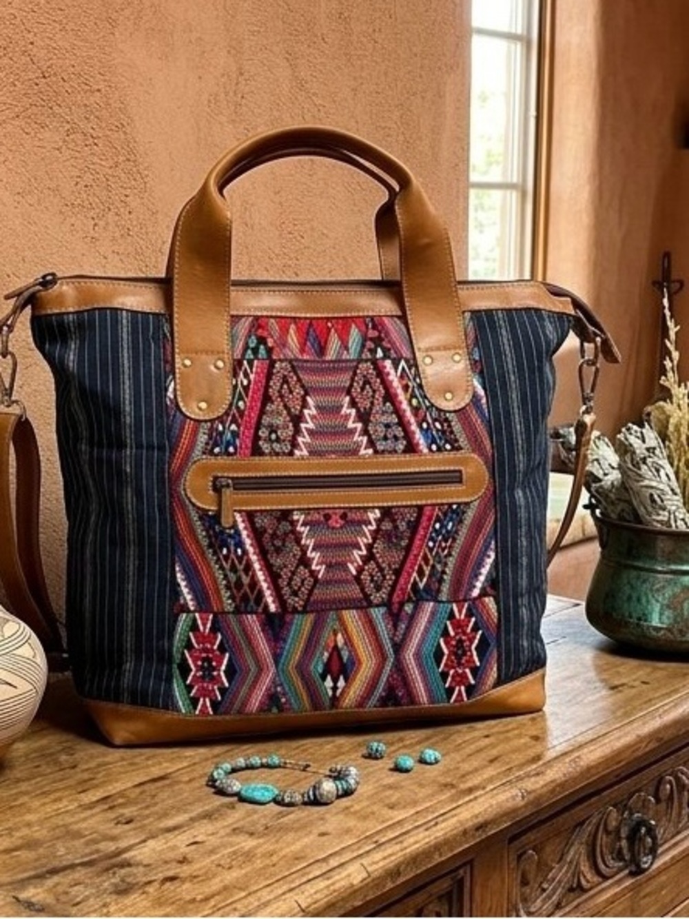✨ One-of-a-Kind Guatemalan Huipil & Leather Day Bag